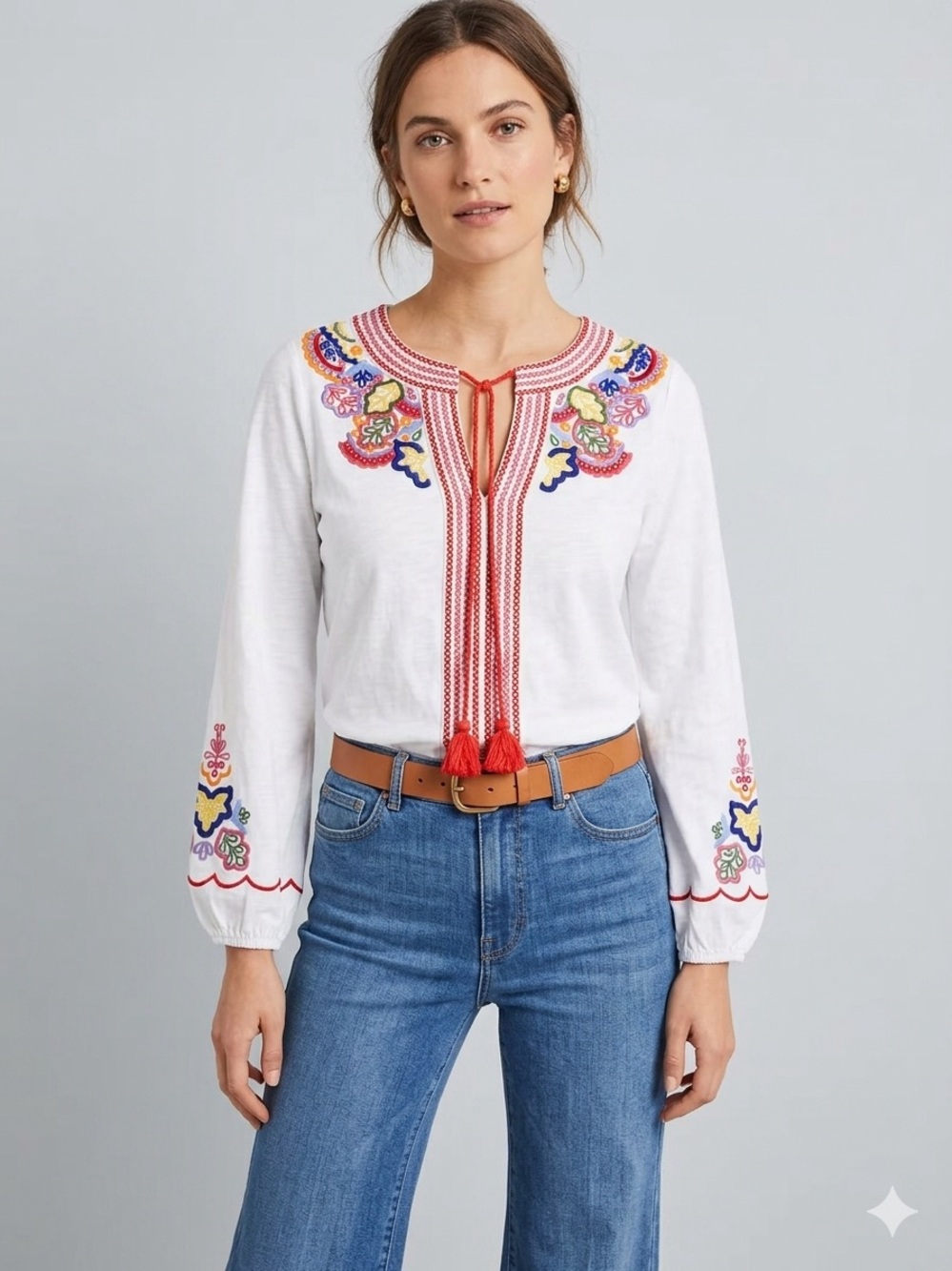 Boden White Embroidered Tie-Front Peasant Blouse with Red Tassels